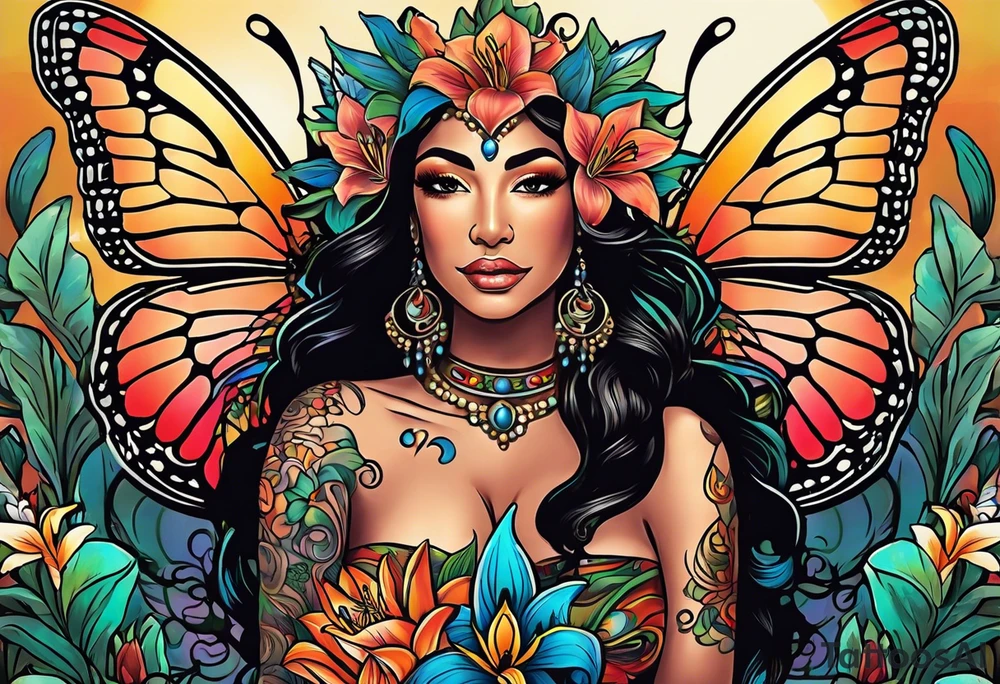 Forward-facing, portrait full length of Hispanic creation goddess standing upright.  Butterflies in background. Lillies near her feet with colorful vegetation. tattoo idea