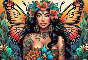 Forward-facing, portrait full length of Hispanic creation goddess standing upright.  Butterflies in background. Lillies near her feet with colorful vegetation. tattoo idea