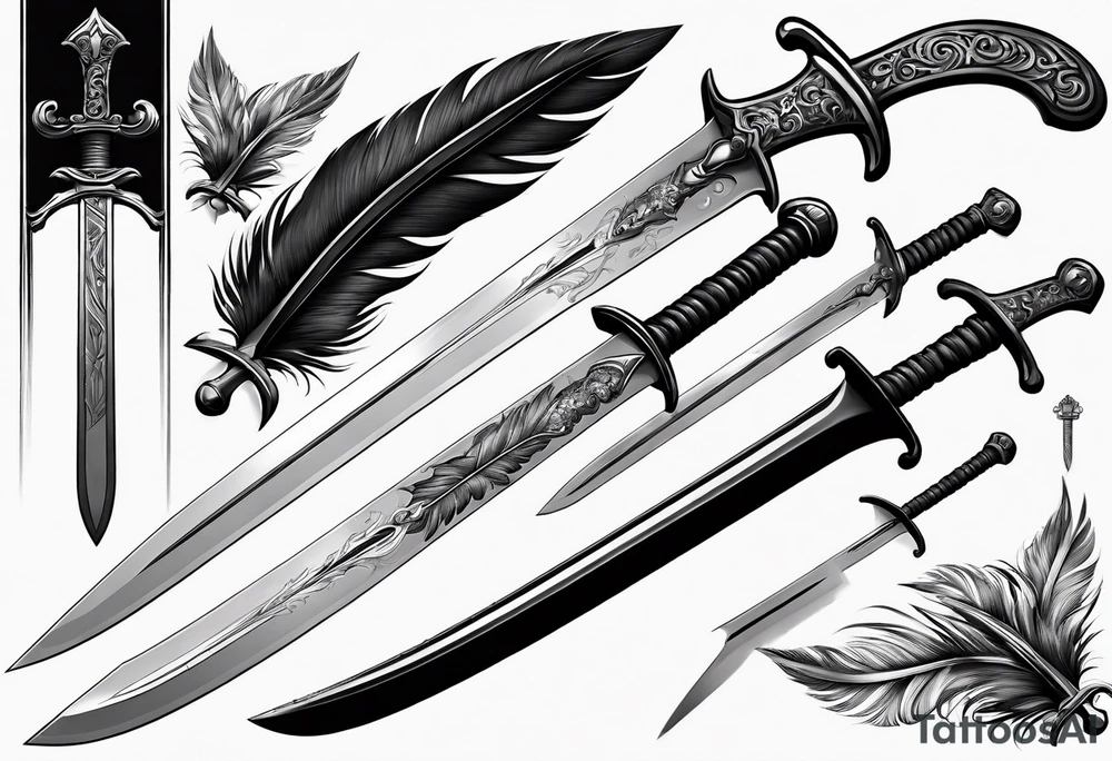 longsword with feathers alongside attached at base that span the length of the sword tattoo idea