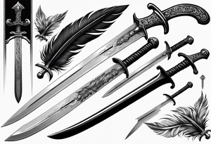 longsword with feathers alongside attached at base that span the length of the sword tattoo idea