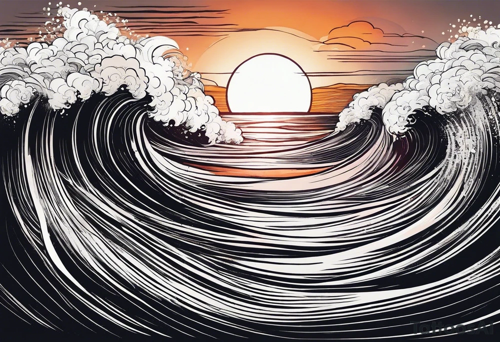 You're adding way too much. hand drawn minimal sunset. Only waves and sunset in the image. tattoo idea