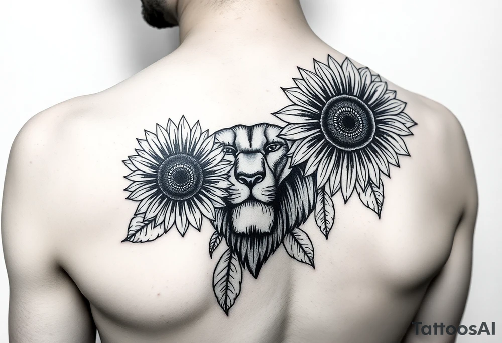 sunflower or multiple sunflowers and lion head on a woman upper arm tattoo idea