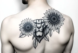 sunflower or multiple sunflowers and lion head on a woman upper arm tattoo idea