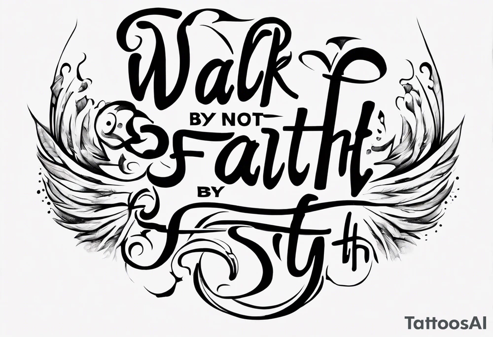 Horizontal inner bicep tattoo. “walk by faith, not by sight” stairwell wrapping around the quote. This design captures the essence of the journey guided by faith. tattoo idea