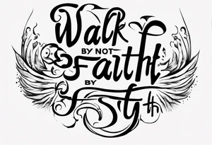Horizontal inner bicep tattoo. “walk by faith, not by sight” stairwell wrapping around the quote. This design captures the essence of the journey guided by faith. tattoo idea