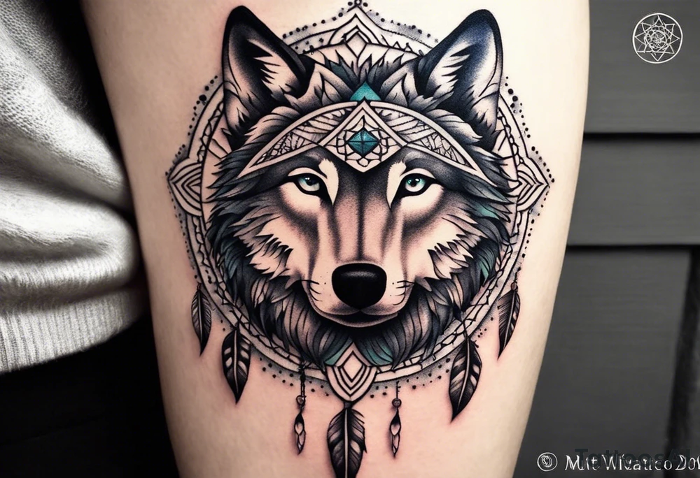A whimsical wolf tattoo featuring mandala or dream catcher elements, with the wolf as the central focus, surrounded by mountains in the background. Include flowers and nature elements to fill the space around the wolf. Some color but not completely solid bold color tattoo idea