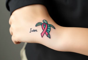 I am here pink ribbon sea turtle theme tattoo idea