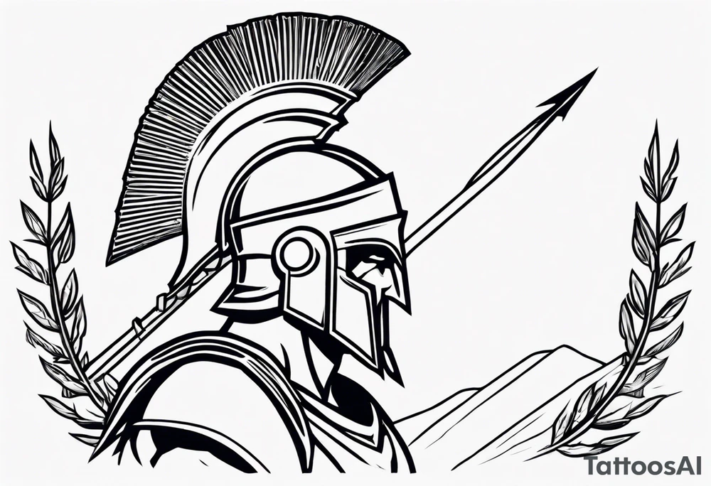 rectangular landscape format ultra-fine line linework vector of a spartan from the side, spartan spear, spartan shield, laurel wreath tattoo idea