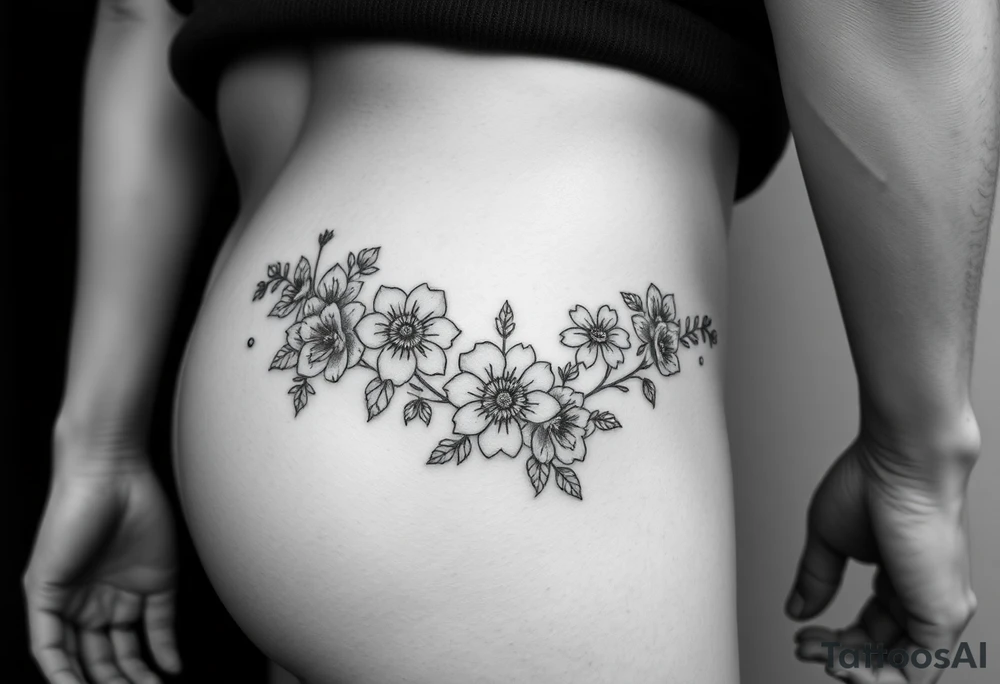 Hip and thigh tattoo with Thinner lines and flowers something dainty but also bohemian with maybe a touch of an insect or small animal tattoo idea