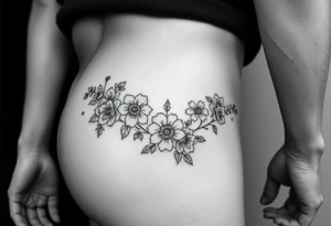 Hip and thigh tattoo with Thinner lines and flowers something dainty but also bohemian with maybe a touch of an insect or small animal tattoo idea
