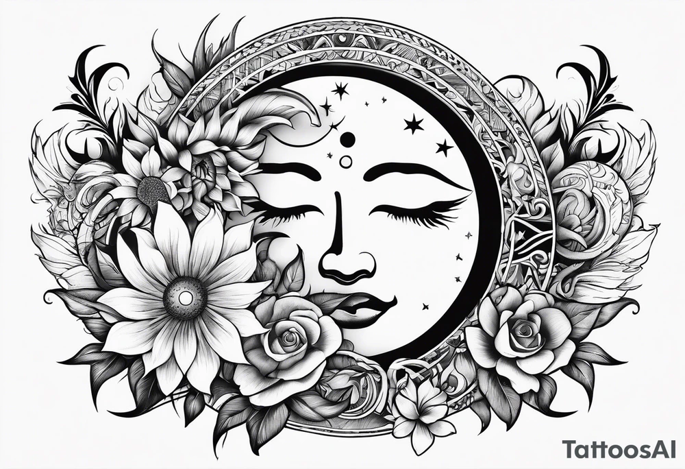 sun moon floral no shading or shadowing tattoo idea