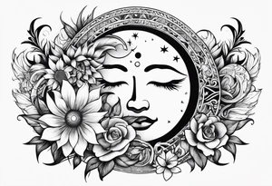 sun moon floral no shading or shadowing tattoo idea