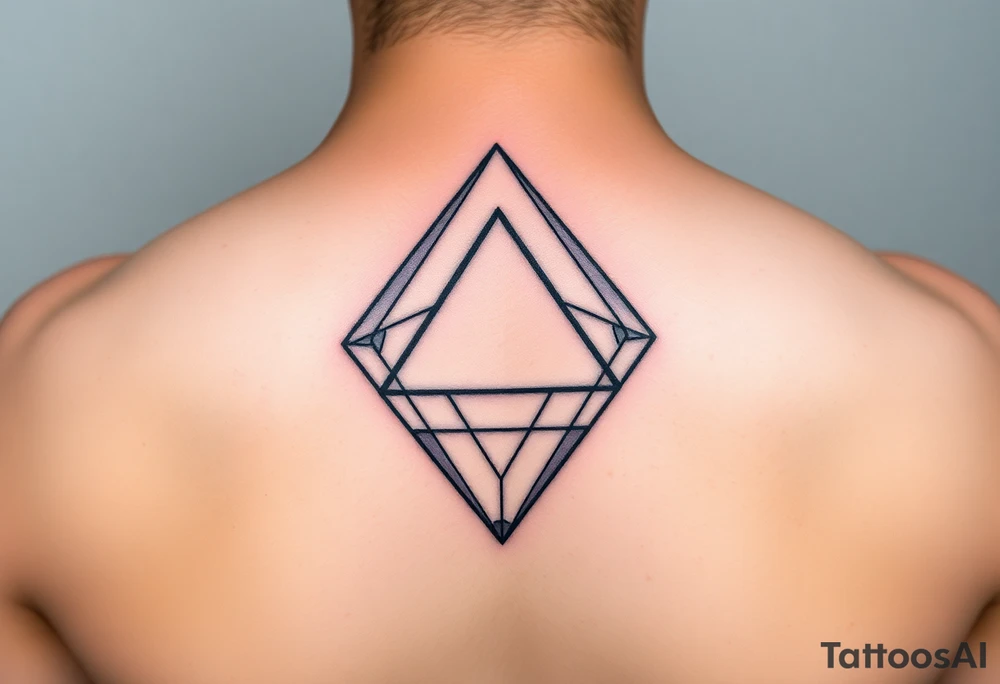 A fine line tattoo design on skin. An impossible Penrose triangle constructed from a faceted diamond cut structure. The facets of the diamond structure contain holographic, iridescent psychedelic gradients of purple, turquoise, and neon pink colors. Minimalist style, precise geometric lines, sacred geometry vibes, micro realism tattoo. tattoo idea