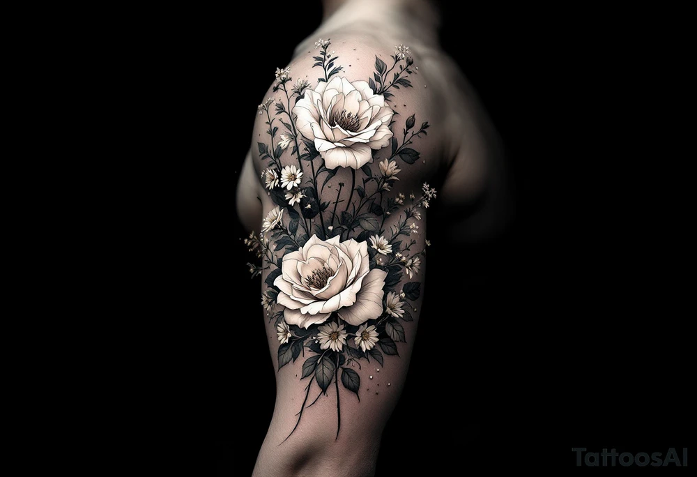 vintage bouquet of wild roses and meadow flowers with morning dew tattoo idea