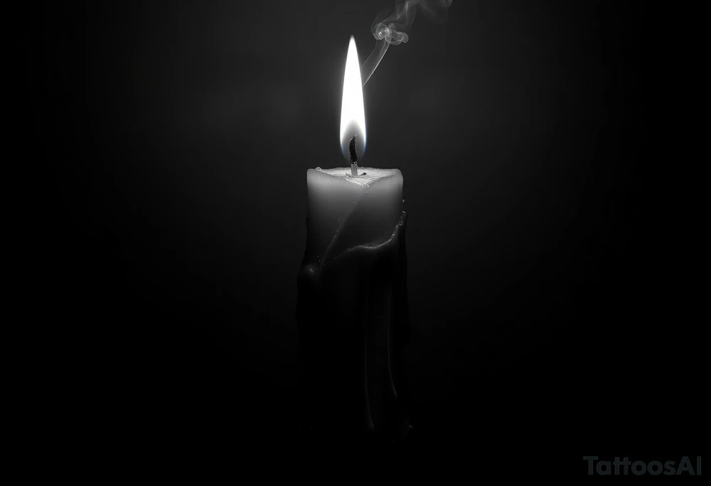 A candle burned almost all the way down, short and nearly spent, heavy
melted wax pooling and dripping down a thick, heavy, solid candle body.
The flame has just gone out — only a single thin, fragile, wavering
thread of smoke rises from the wick, with one tiny dim ember still
faintly glowing. Strong and heavy where the candle stands, delicate and
almost vanishing where the smoke fades. Somber, melancholic, quiet and
lonely, a sense of loss and fragility, lots of empty dark space around
it. Heavy solid blacks contrasted with a thin dying wisp. tattoo idea