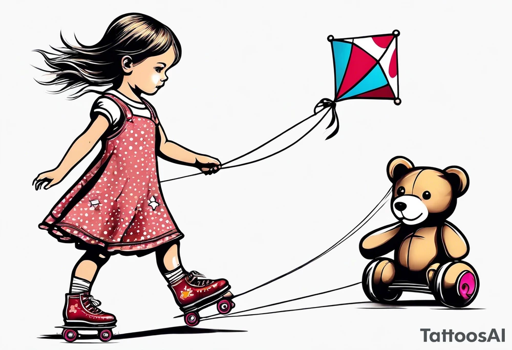 a little girl in a dress standing with a teddy bear in roller skates, flying a kite tattoo idea