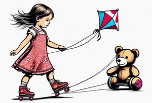 a little girl in a dress standing with a teddy bear in roller skates, flying a kite tattoo idea