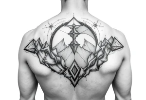 other worldly that covers the upper middle back and is geometric that also uses negative spaces and plays with shading tattoo idea