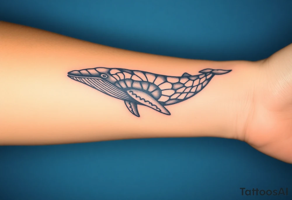 Blue whale flying above nyc tattoo idea