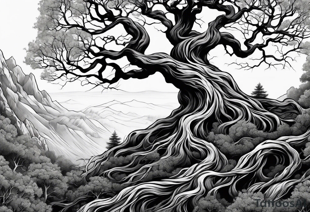 twisted tree with long roots and branches tattoo idea