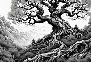twisted tree with long roots and branches tattoo idea