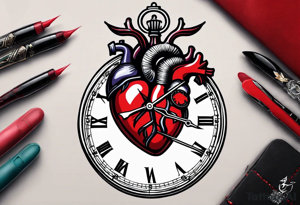 anatomical heart with clock in middle.
Clock hands on 8 and 5.
Never Say Never written on tattoo tattoo idea