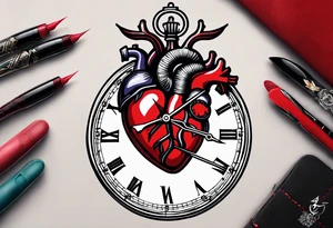 anatomical heart with clock in middle.
Clock hands on 8 and 5.
Never Say Never written on tattoo tattoo idea