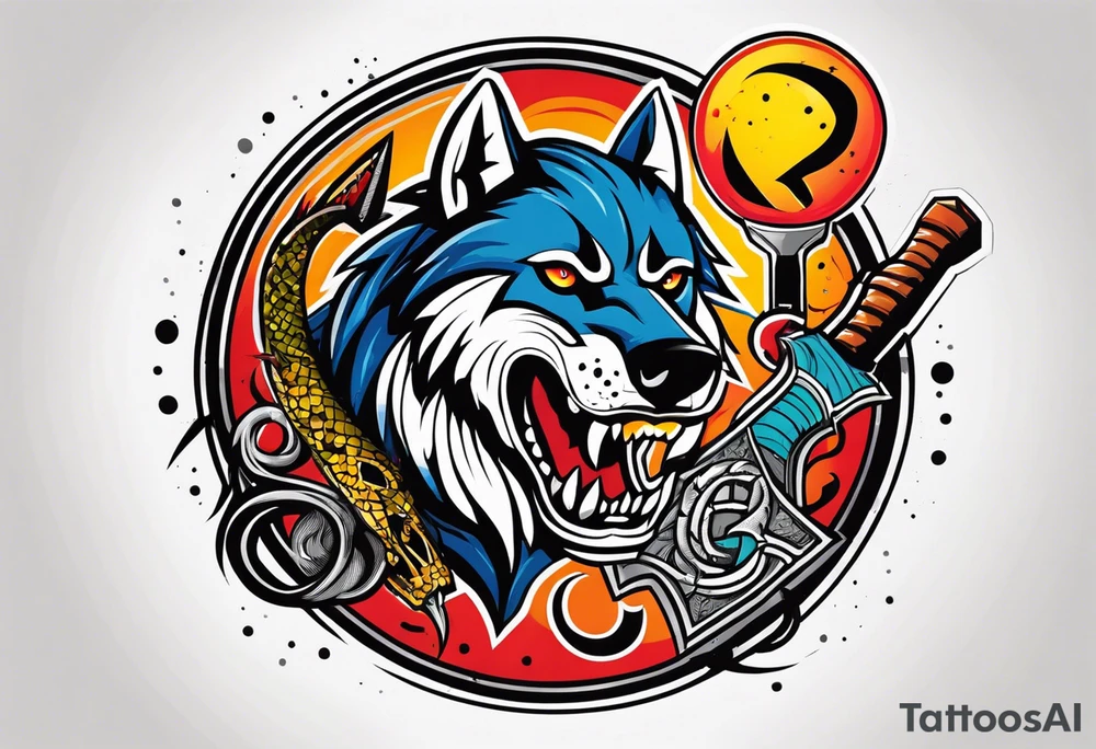 A Hammer and a thunder inside a circle. Beside the circle a skull, a Wolf and a snake tattoo idea
