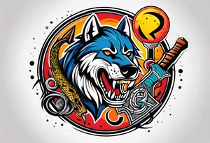 A Hammer and a thunder inside a circle. Beside the circle a skull, a Wolf and a snake tattoo idea