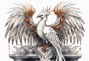 a white phoenix wearing rusty iron crown, perched on a throne tattoo idea