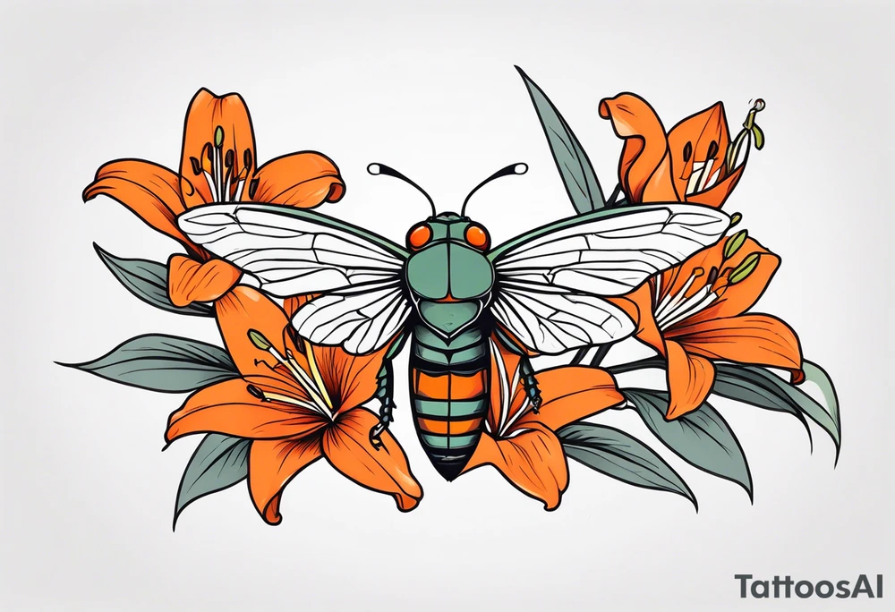 Neo traditional Cicada with orange lily tattoo idea