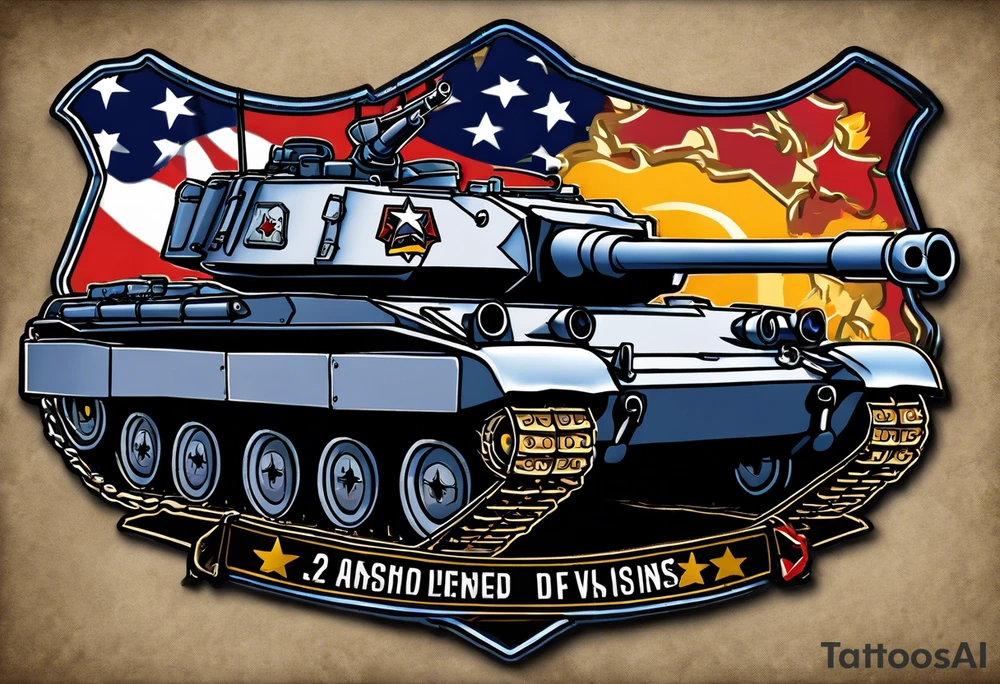 US Army 2nd Armored Division patch with dog tags & chain draped over the patch and M1 tank battle in background tattoo idea