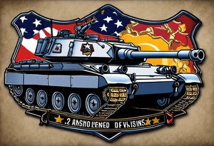 US Army 2nd Armored Division patch with dog tags & chain draped over the patch and M1 tank battle in background tattoo idea