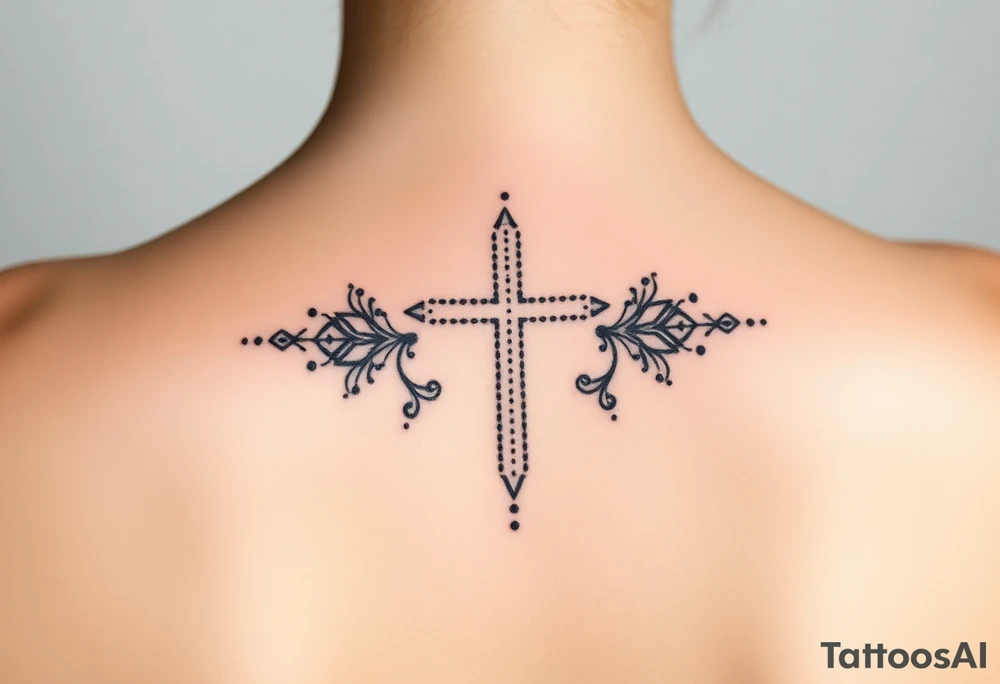 Thin christian cross, surrounded by geometrics ornaments tattoo idea