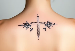 Thin christian cross, surrounded by geometrics ornaments tattoo idea