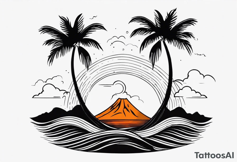 fineline tattoo of a palm tree and a wave with a volcano in the background tattoo idea