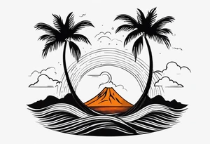 fineline tattoo of a palm tree and a wave with a volcano in the background tattoo idea