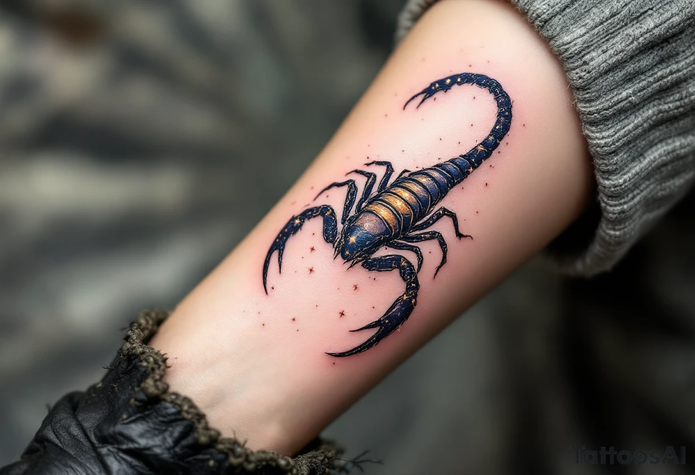 The starlit scorpion arches in a trail of gold dust, ready to strike with cosmic precision in closure of its star constellation tattoo idea