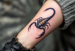 The starlit scorpion arches in a trail of gold dust, ready to strike with cosmic precision in closure of its star constellation tattoo idea