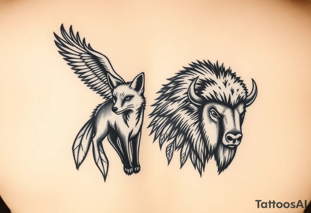 4 animals in a totem order, no space between them. An eagle, a fox, a bear and a bison. Black and white tattoo with fine clear but strong lines. It should show character and toughness. Light shadowing and pen/pencil type of illustration. 
It's for a group of siblings which will have the same tattoo (different order top to bottom) 

I said in a totem. tattoo idea