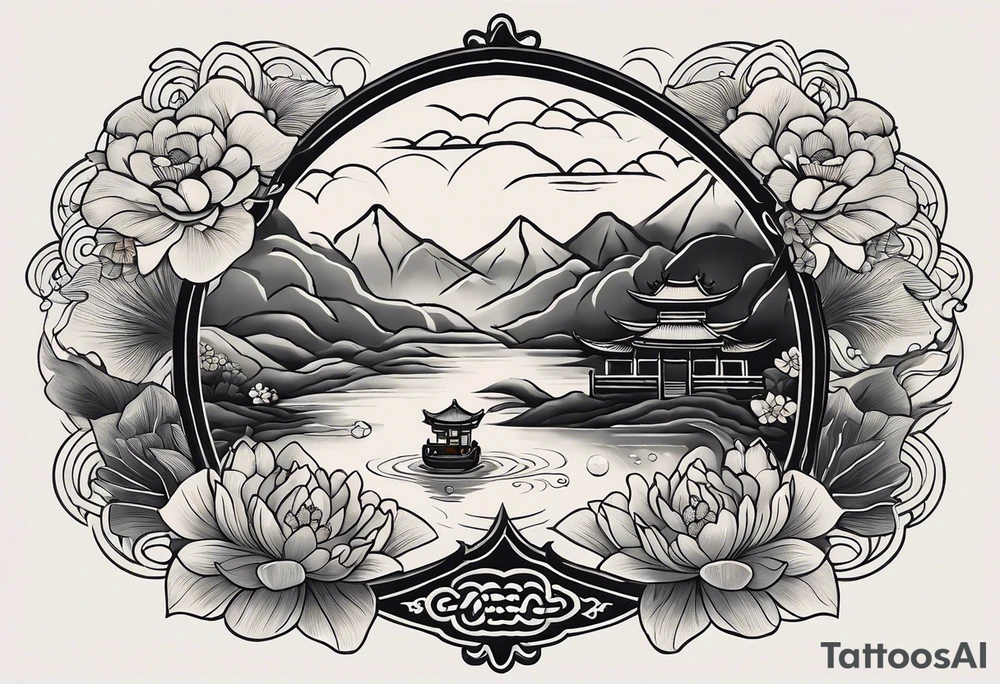 A black Vietnamese tattoo design featuring intricate depictions of sacred animals like the dragon and turtle intertwined with majestic mountains and lush rice fields. Incorporate iconic elements such as the conical straw hat floating above, surrounded by blooming lotus flowers and traditional silk lanterns. The tattoo reflects the essence of Vietnam's breathtaking nature, with swirling mist and flowing water elements woven into the composition, merging traditional artistry with a modern flair. Use a color palette that evokes the lush greens of the countryside and the warm tones of sunset. tattoo idea