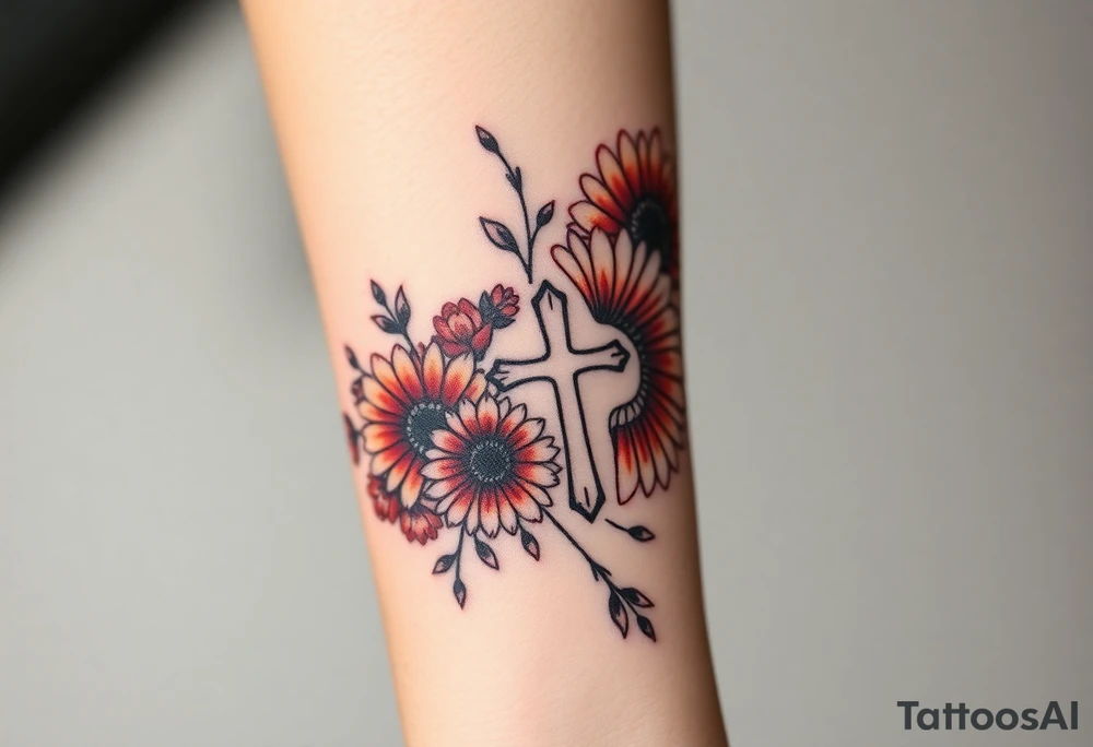 Gerber daisys wrap around wrist to cross on forearm with rich color add cross on forearm more flowers around the wrist and black out cross tattoo idea