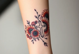 Gerber daisys wrap around wrist to cross on forearm with rich color add cross on forearm more flowers around the wrist and black out cross tattoo idea