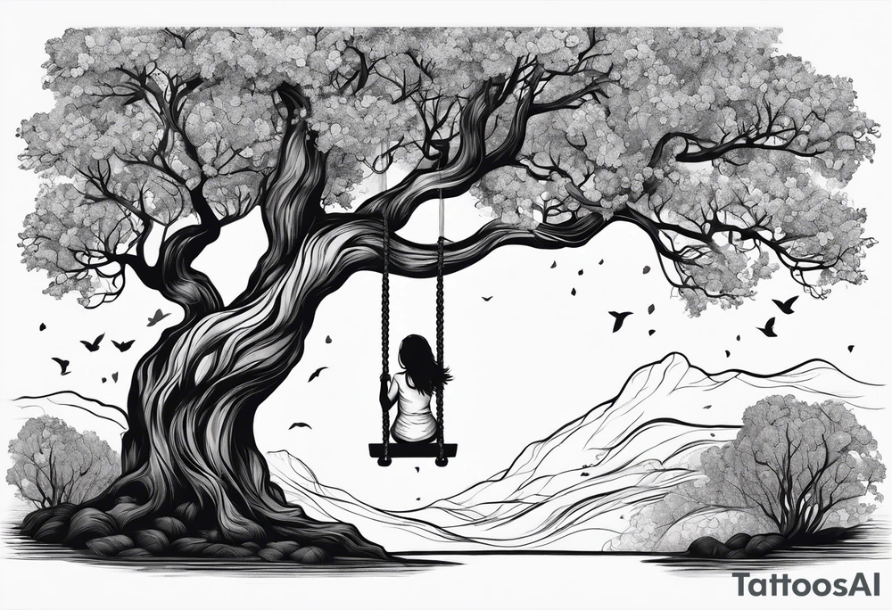 Wollow tree. Girl on a swing. tattoo idea