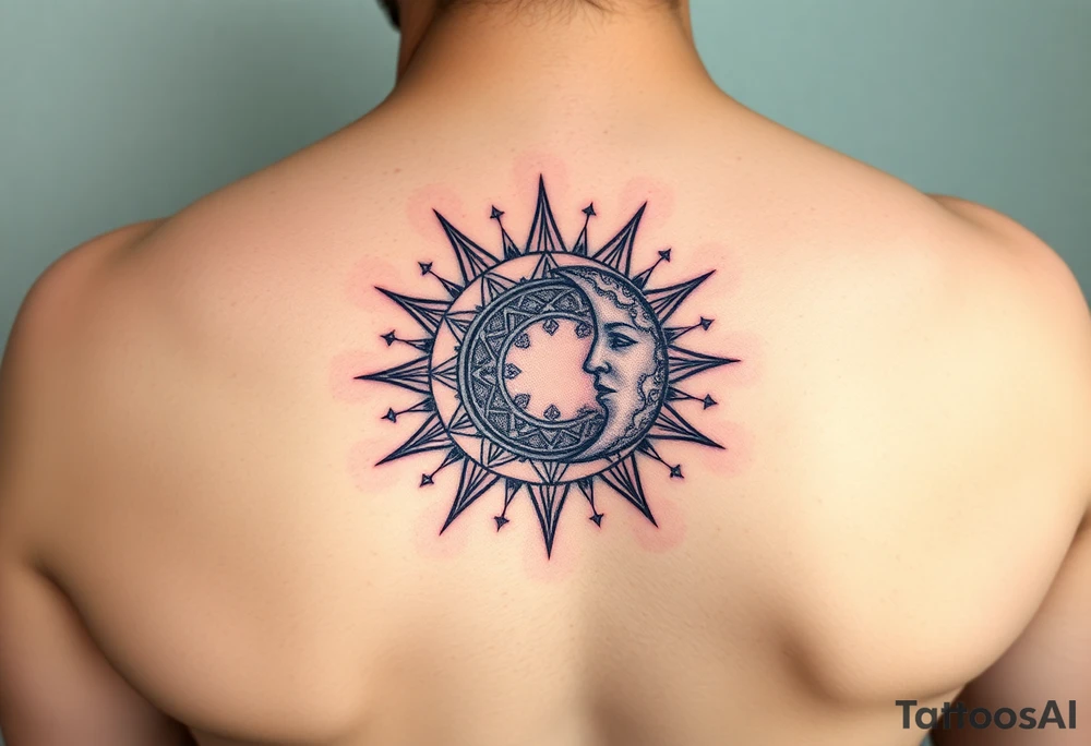 celestial sun and moon embrace with constellation patterns tattoo idea