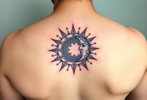 celestial sun and moon embrace with constellation patterns tattoo idea