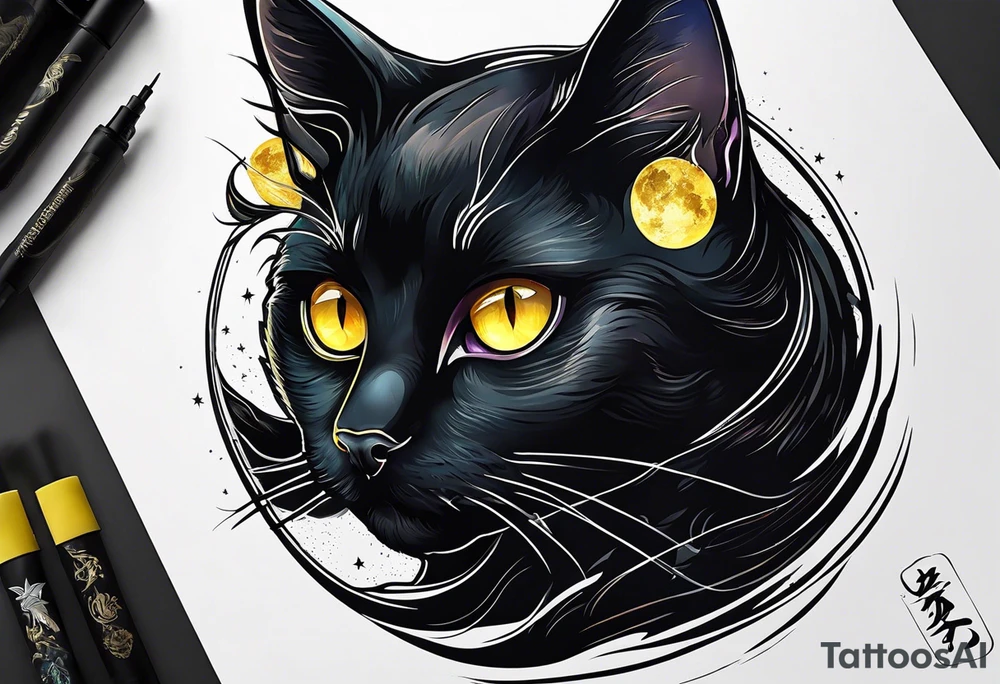 Black Cat with yellow eyes, floating in space tattoo idea