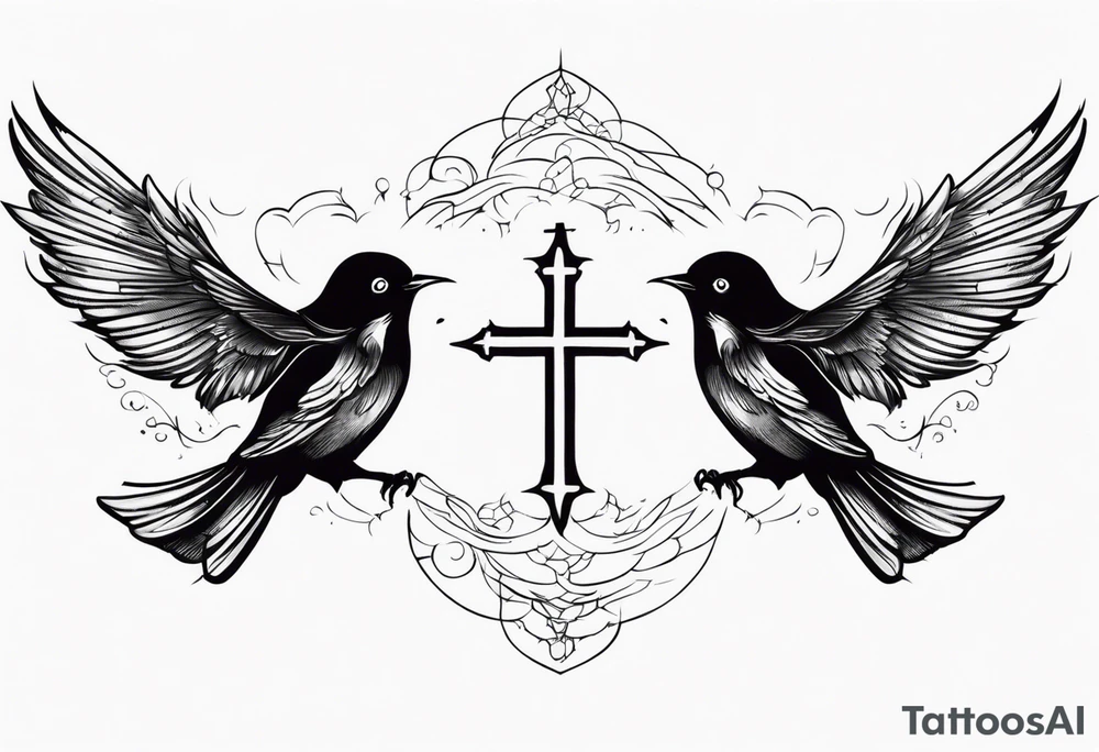 Two birds on forearm flying towards each other one below the other and up towards with a cross in between them tattoo idea
