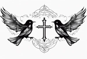Two birds on forearm flying towards each other one below the other and up towards with a cross in between them tattoo idea