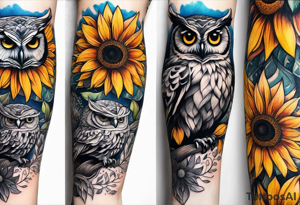 Arm sleeve with colorful sunflowers and an owl tattoo idea